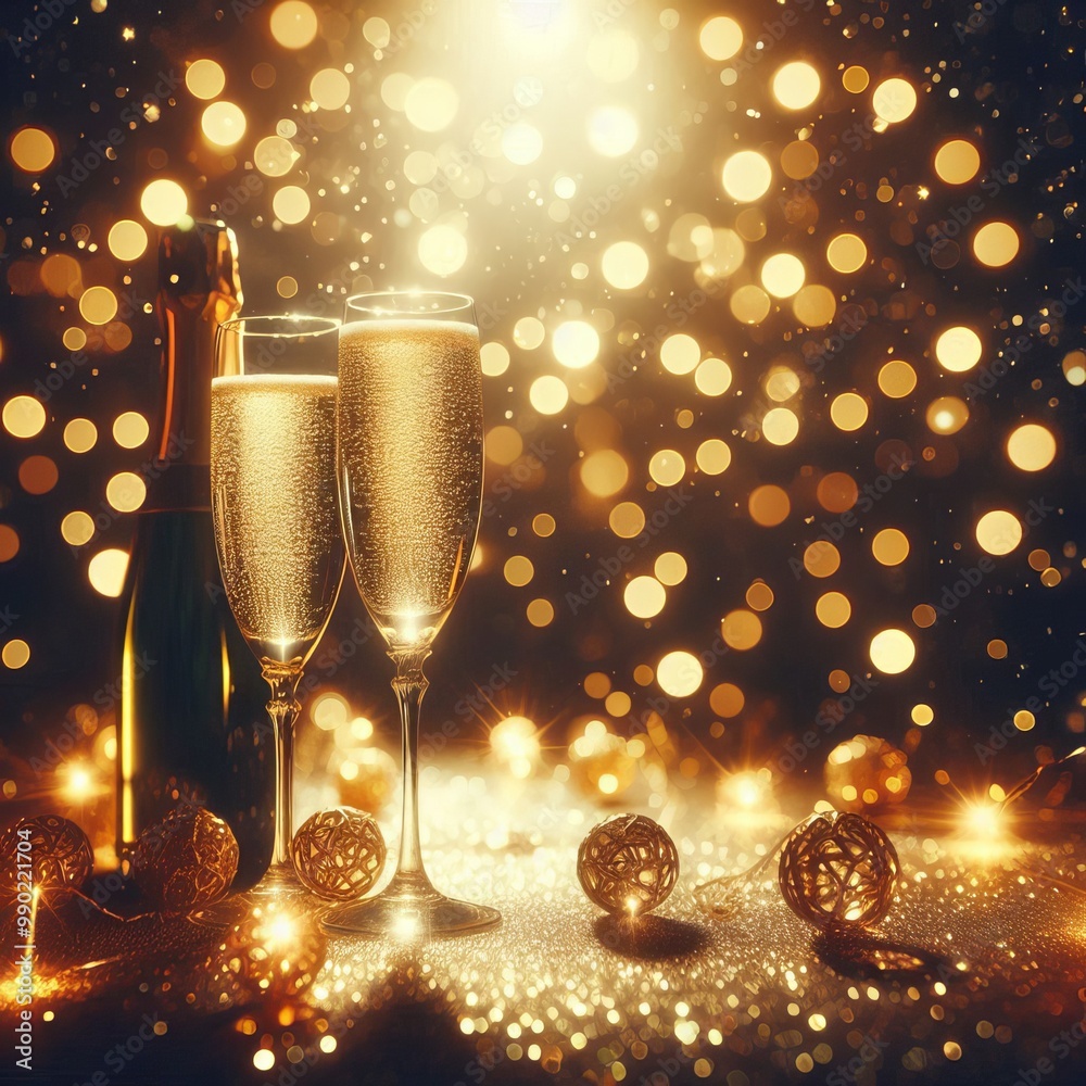 golden bokeh glitters background with two champagne glasses and one champagne bottle golden bokeh glitters background with two champagne glasses and one champagne bottle