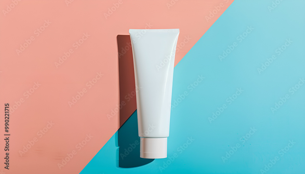 Tube of men's facial cream on color background, top view