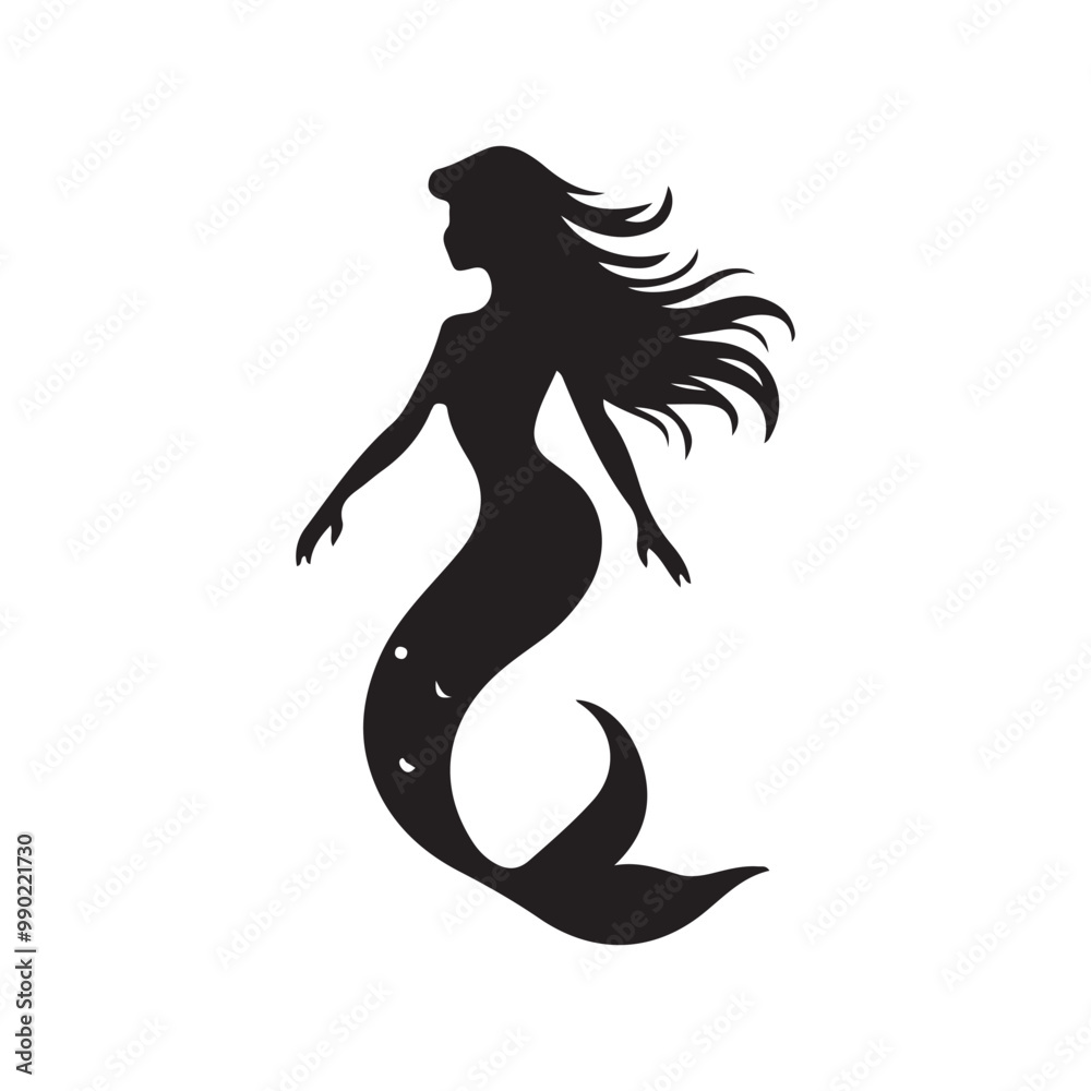 Black and white mermaid silhouette, Vector Silhouette of Mermaid Black and white mermaid silhouette, Vector Silhouette of Mermaid