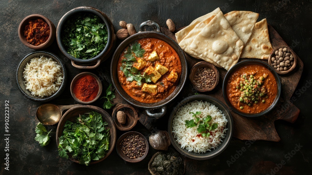 Assorted various Indian food on a dark rustic background. Traditional Indian dishes Chicken tikka masala, palak paneer, saffron rice, lentil soup, pita bread and spices. Square photo.Top view Assorted various Indian food on a dark rustic background. Traditional Indian dishes Chicken tikka masala, palak paneer, saffron rice, lentil soup, pita bread and spices. Square photo.Top view
