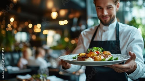 A smiling waiter presents a beautifully plated dish in a stylish restaurant, showcasing fine dining and culinary art.