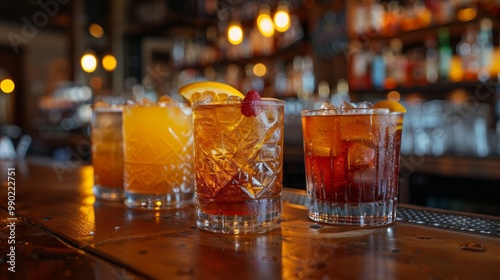A variety of cocktails are placed on the counter bar in the restaurant. 