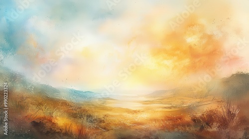 Pastel sunset over serene hills and valleys