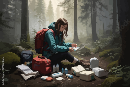 an illustration backpacker preparing first aid kit in forest