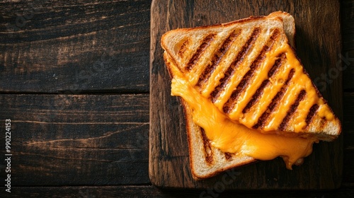 Professional food photography featuring a grilled cheese sandwich with melted cheddar cheese, arranged on a rustic wooden board, and photographed from above. photo