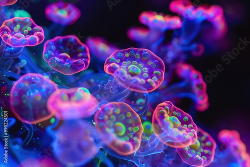 Colorful jellyfish with luminous patterns against a dark background.