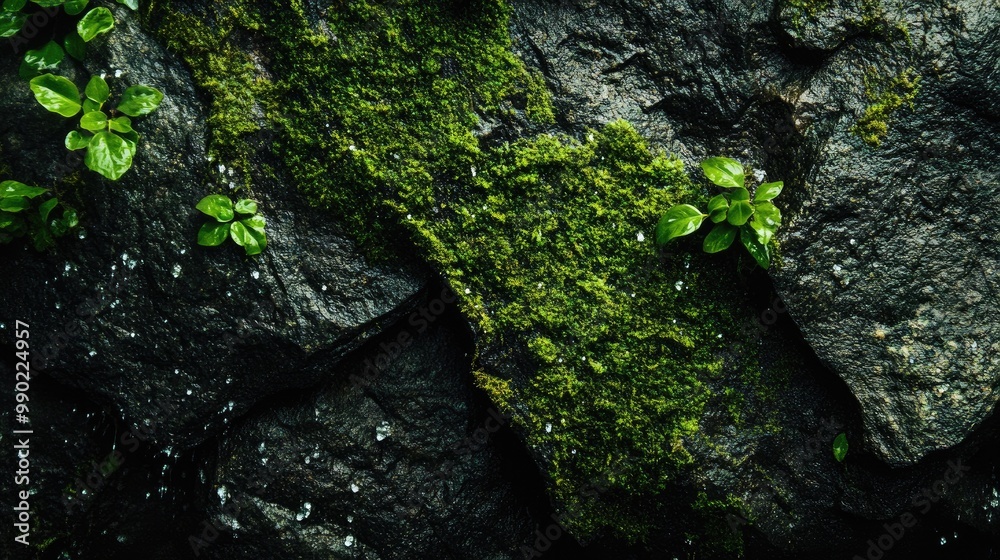 Green Moss Growing on Dark Stone Wall, Lush Nature Texture Green Moss Growing on Dark Stone Wall, Lush Nature Texture
