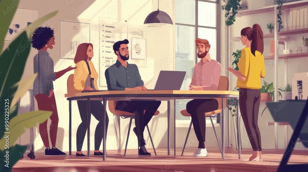 Business team working together, brainstorming, discussing ideas for project. People meeting at desk in office. illustration for co-working, teamwork, workspace concept Business team working together, brainstorming, discussing ideas for project. People meeting at desk in office. illustration for co-working, teamwork, workspace concept