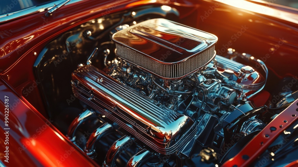Fototapeta premium Classic muscle car engine with chrome details at a vintage car show under warm afternoon light