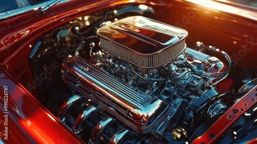 Classic muscle car engine with chrome details at a vintage car show under warm afternoon light