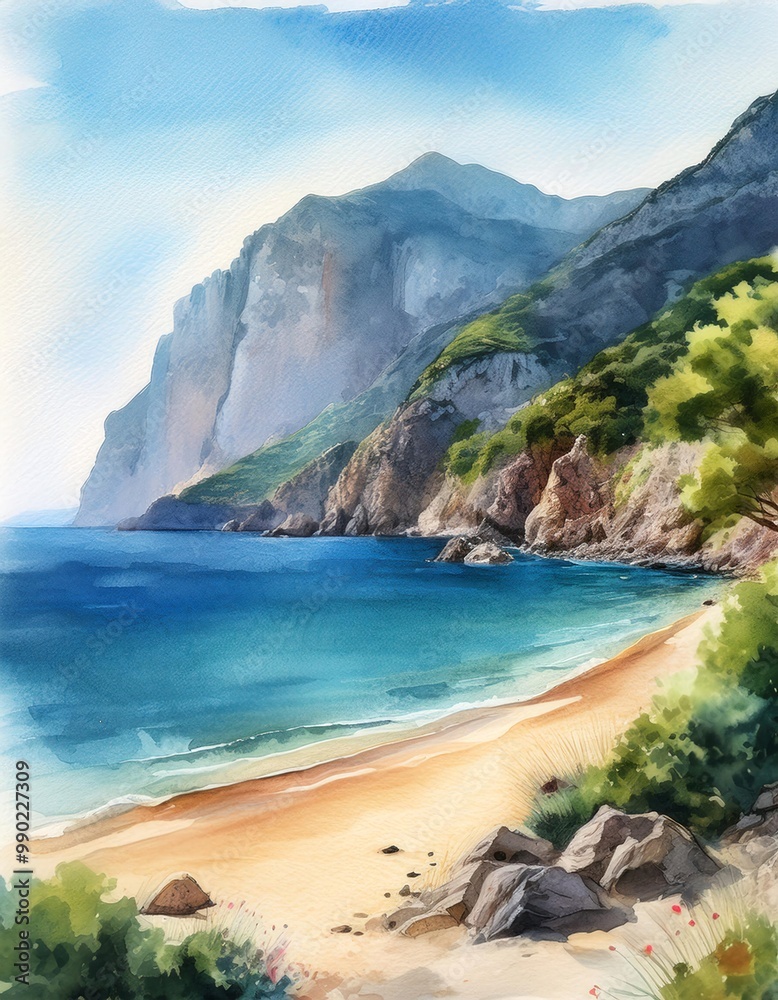 Fototapeta premium Watercolor Painting of a Secluded Beach with Mountains and Sea