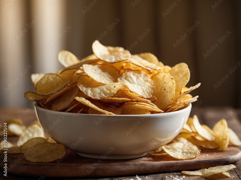 Close-up shots of golden potato chips in bowls on wooden surfaces, with glasses of milk in some images. Warm, inviting snack scenes Close-up shots of golden potato chips in bowls on wooden surfaces, with glasses of milk in some images. Warm, inviting snack scenes