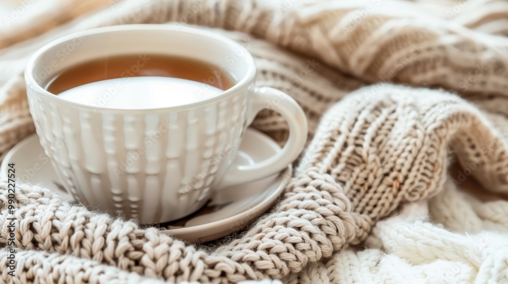 Cozy Autumn Still Life with Cup of Hot Tea on Knitted Sweater, Warmth and Comfort Concept. Cozy Autumn Still Life with Cup of Hot Tea on Knitted Sweater, Warmth and Comfort Concept.