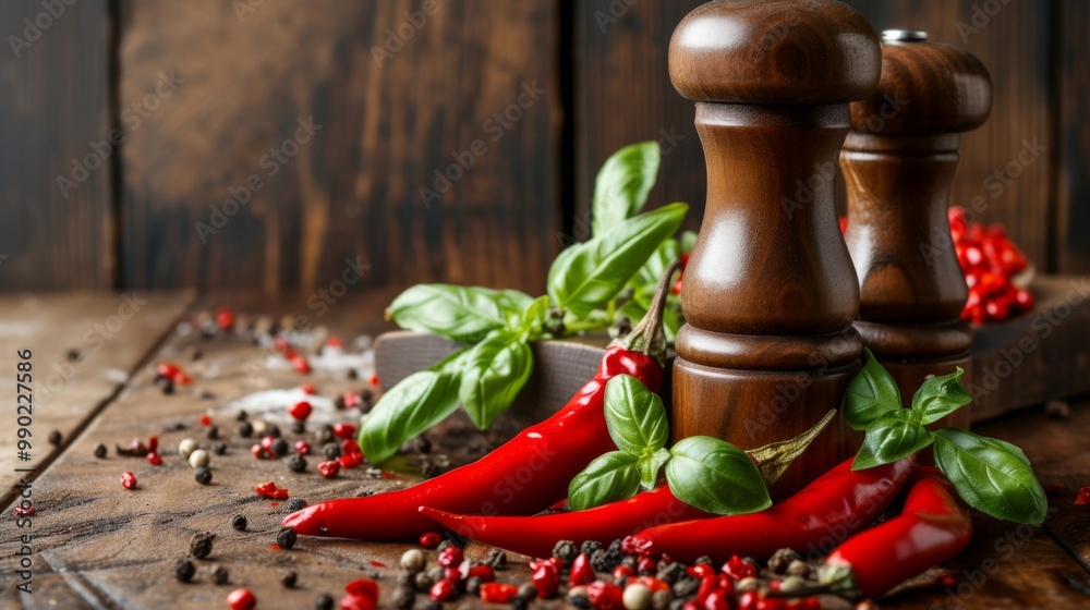 Red Chili Peppers, Basil, and Peppercorns on a Wooden Background Red Chili Peppers, Basil, and Peppercorns on a Wooden Background