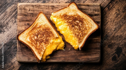 Professional food photography featuring a grilled cheese sandwich with melted cheddar cheese, arranged on a rustic wooden board, and photographed from above. photo