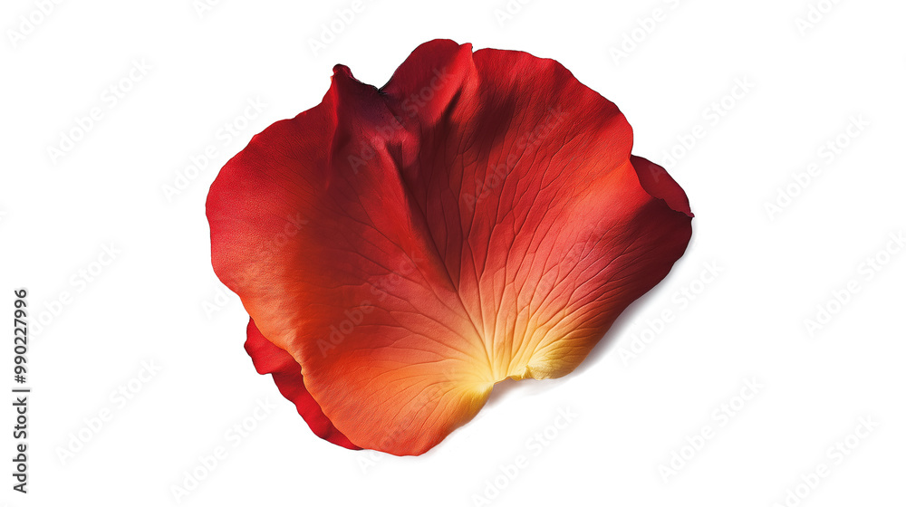 A red flower petal with a yellow center. The petal is slightly curled and has a shiny, glossy appearance A red flower petal with a yellow center. The petal is slightly curled and has a shiny, glossy appearance