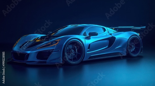 Cool blue generic sports car in a dark studio background illustrated with generative AI