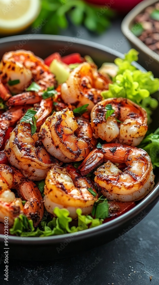 Juicy, grilled shrimp garnished with fresh herbs are artistically arranged over a colorful mix of greens and chopped vegetables, showcasing a healthy meal option Juicy, grilled shrimp garnished with fresh herbs are artistically arranged over a colorful mix of greens and chopped vegetables, showcasing a healthy meal option