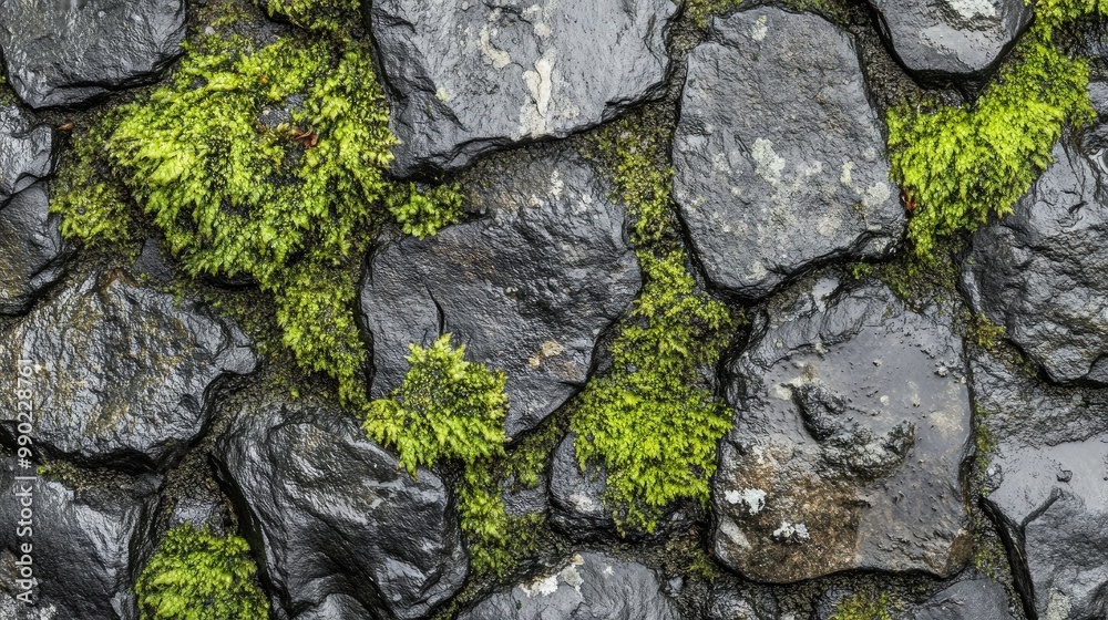 Green Moss Growing on Dark Wet Rocks in Nature Green Moss Growing on Dark Wet Rocks in Nature
