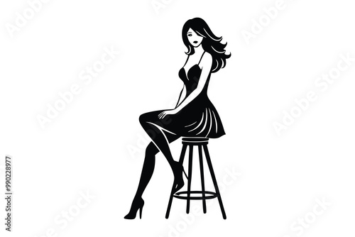 Female Model Sitting on High Stool in Dress Silhouette, Elegant Woman Pose, Fashion Silhouette, Artistic Figure photo