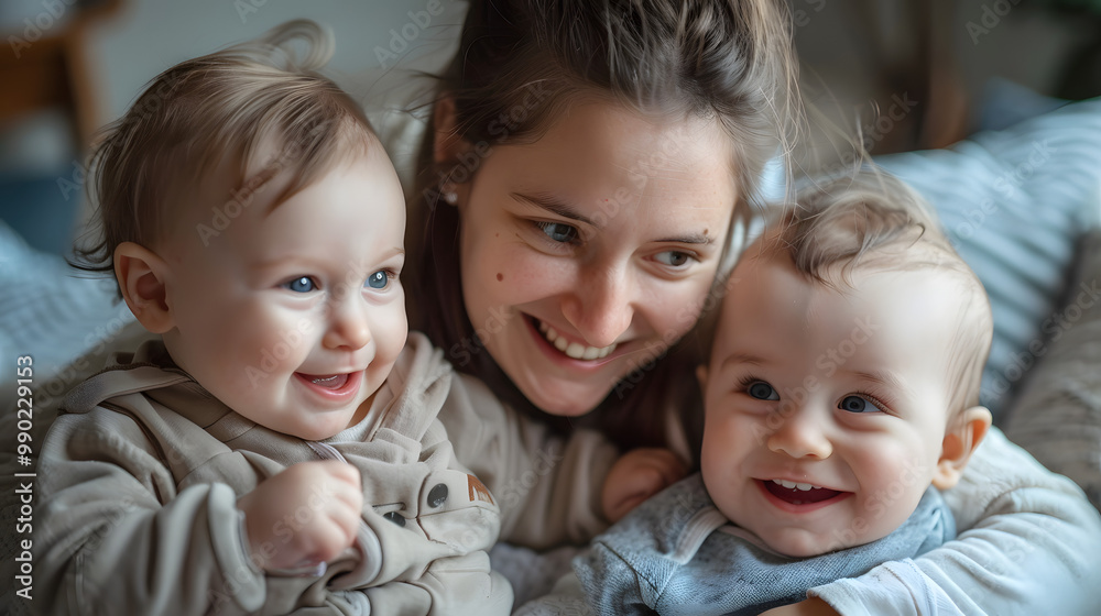 Happy mother holding small baby and playing with his older brother, smiling. Unconditional paternal love, family moment Happy mother holding small baby and playing with his older brother, smiling. Unconditional paternal love, family moment