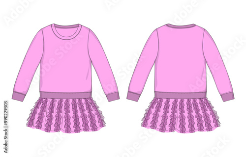 Baby girls dress design technical Flat sketch vector illustration template. Apparel clothing Mock up front and back views