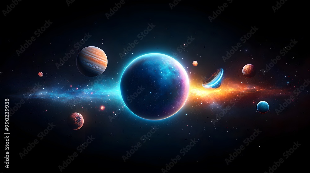 A captivating cosmic scene depicting planets and stellar colors in space, showcasing the beauty of the universe. A captivating cosmic scene depicting planets and stellar colors in space, showcasing the beauty of the universe.