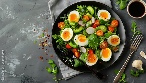 Plate of tasty salad with boiled quail eggs, soy sauce and fork on grey background