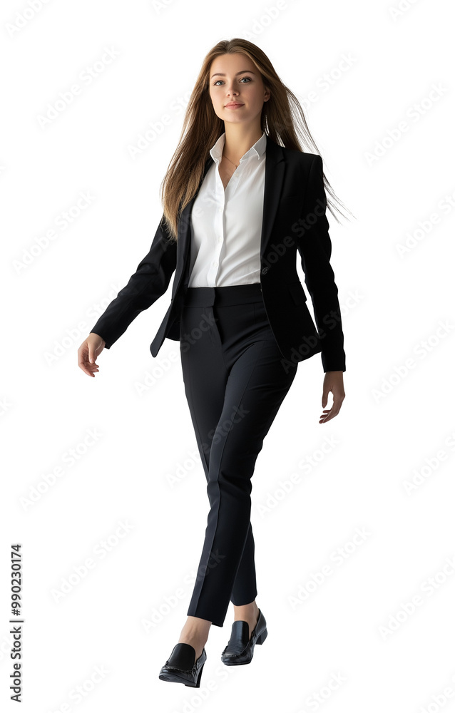 Business woman in a black classic suit walking. Vertical image, full body., isolated. PNG file with transparency. Ai Business woman in a black classic suit walking. Vertical image, full body., isolated. PNG file with transparency. Ai