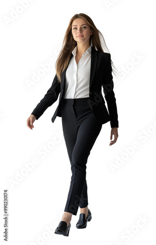 Business woman in a black classic suit walking. Vertical image, full body., isolated. PNG file with transparency. Ai