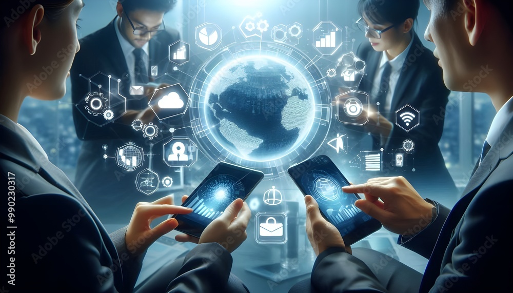 Business people using devices, b2b icons hologram icons and marketing Business people using devices, b2b icons hologram icons and marketing