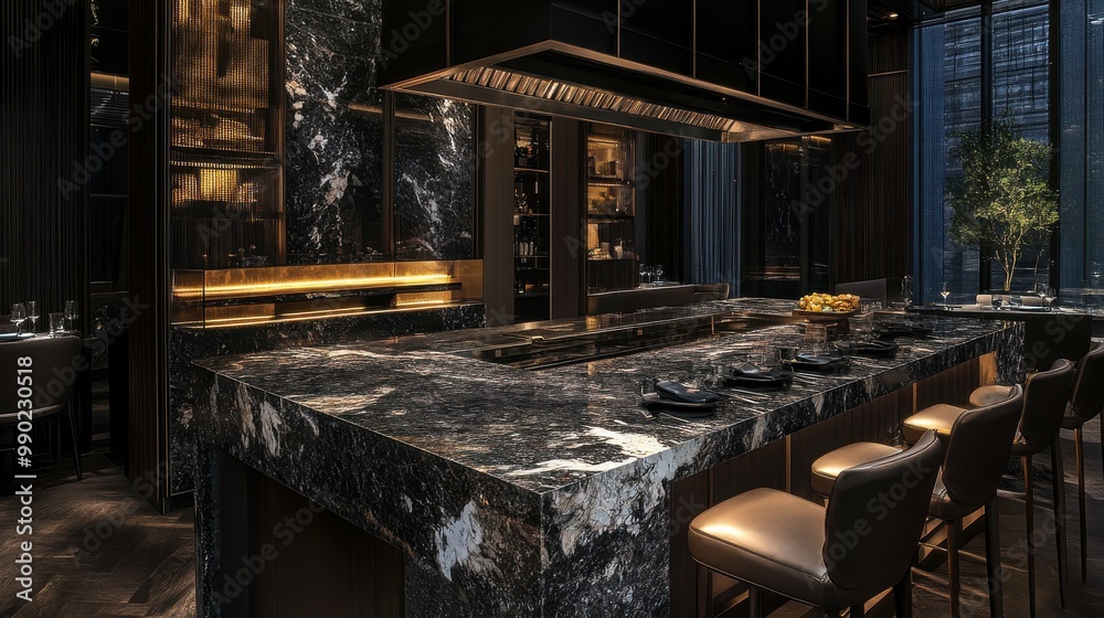 Luxurious dark marble kitchen island, elegant design Luxurious dark marble kitchen island, elegant design