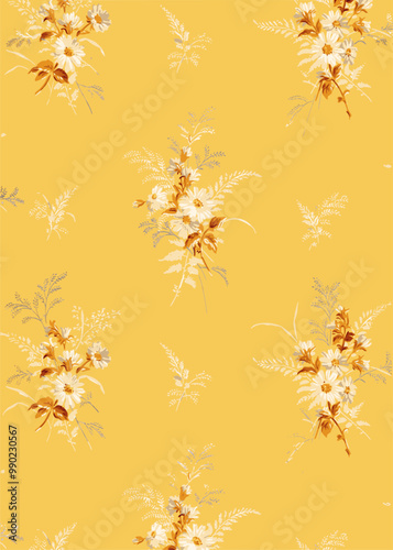 Floral pattern with white daisies and leaves on yellow background.