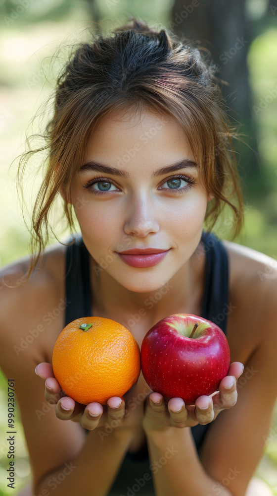 A young woman stands outside, holding an orange in one hand and a red apple in the other, smiling brightly against a blurred green background A young woman stands outside, holding an orange in one hand and a red apple in the other, smiling brightly against a blurred green background