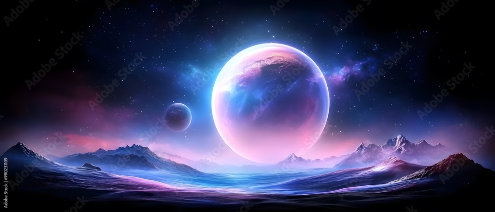A stunning cosmic landscape featuring vibrant planets and a serene mountain backdrop in a colorful night sky. A stunning cosmic landscape featuring vibrant planets and a serene mountain backdrop in a colorful night sky.