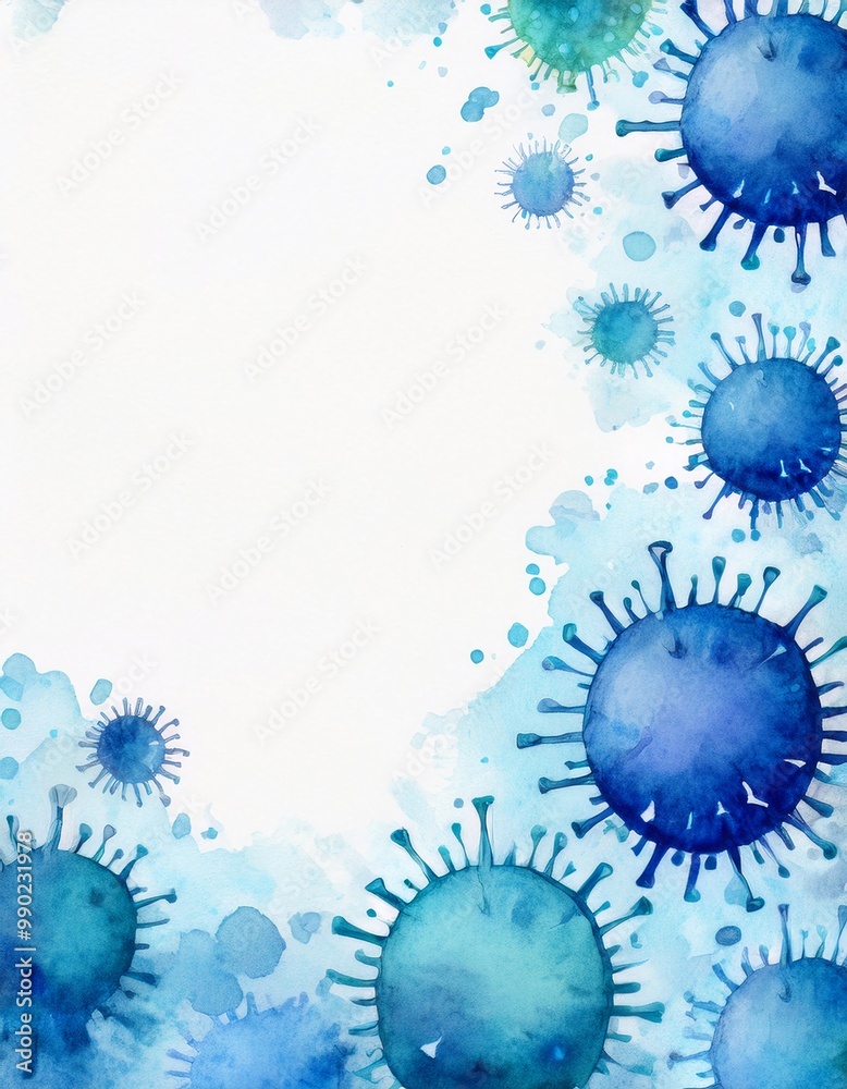 Watercolor Painting of Blue Virus Cells with Spikes Surrounding Empty Space Watercolor Painting of Blue Virus Cells with Spikes Surrounding Empty Space