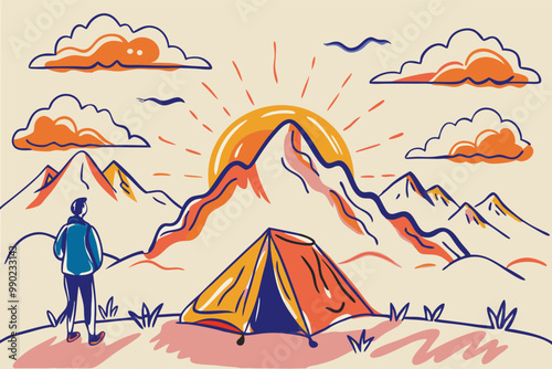 Solo Adventurer Enjoying Sunrise Over Mountainous Landscape
