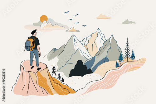 Solo Adventurer Observing Majestic Mountain Landscape at Sunset