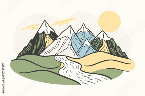 Serene Mountain Landscape Illustration with River and Sun