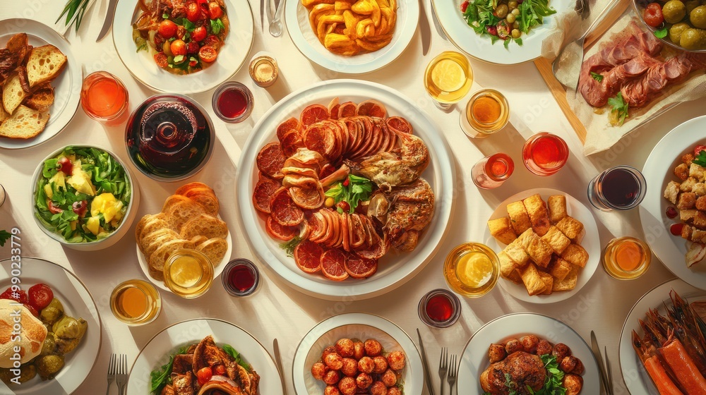 Full table of delicious Dinner party table European foods and drinks from top view, Happy dining time, buffet food dishes background. Full table of delicious Dinner party table European foods and drinks from top view, Happy dining time, buffet food dishes background.
