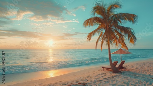 Beautiful coconut palm tree on the beach and sea with umbrella and chair on sunrise time - Vintage Filter 