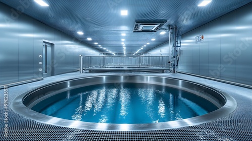 A spacious, empty stainless steel tank, hatch fully open, displaying a spotless, polished interior. The metallic surfaces gleam under industrial lighting photo