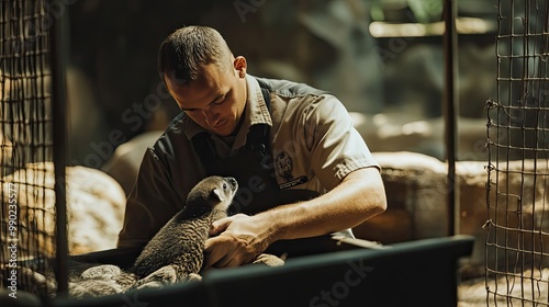 Zookeeper Gently Holding a Baby Marmoset