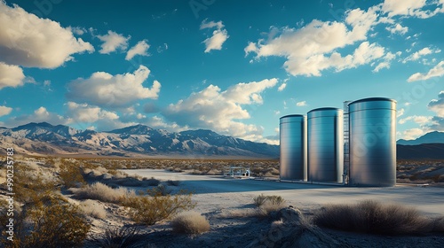 A stainless steel chemical storage tank in a desert landscape photo