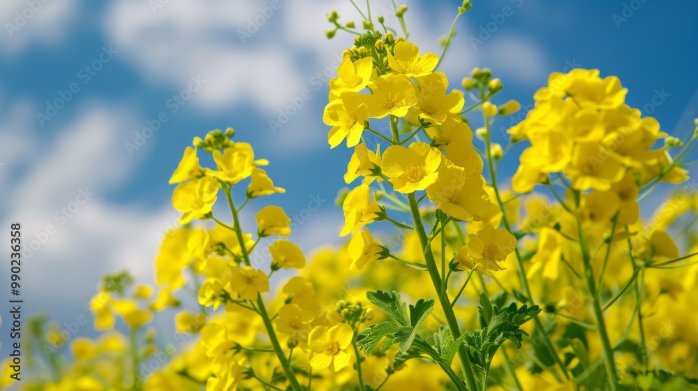 Vibrant Yellow Flowers Blooming in a Field Under a Blue Sky Vibrant Yellow Flowers Blooming in a Field Under a Blue Sky
