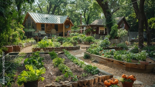 A lush garden with raised beds, winding paths, and small wooden cabins nestled among the greenery. photo