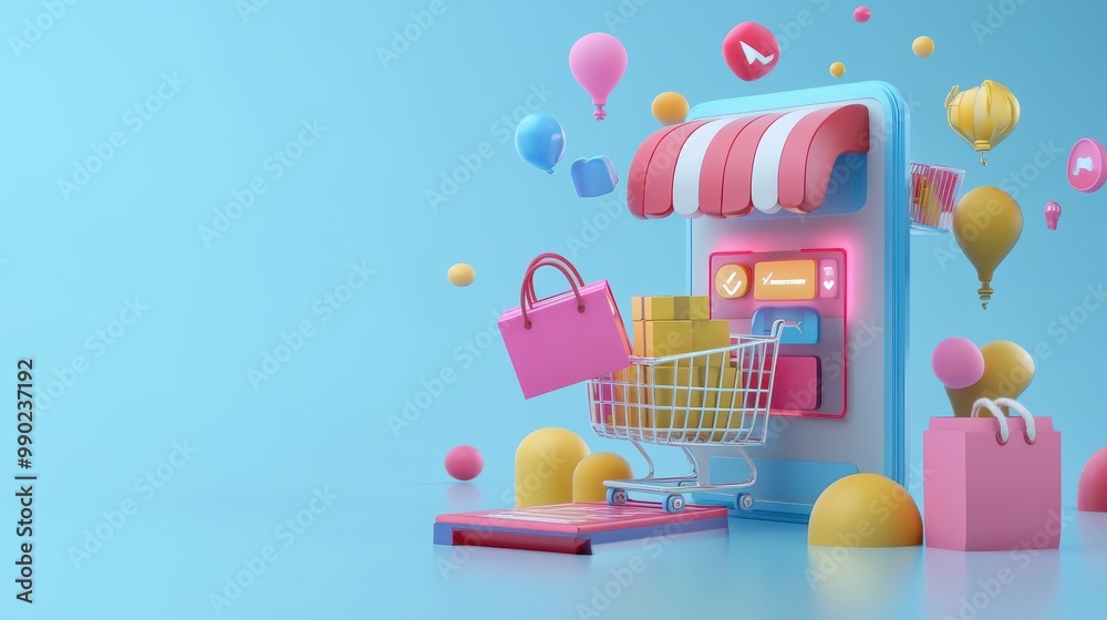 The design features 3D icons for online shopping: a package, basket, and payment symbols The design features 3D icons for online shopping: a package, basket, and payment symbols