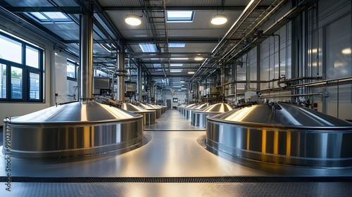 A stainless steel tank in a food processing plant with hygienic design features