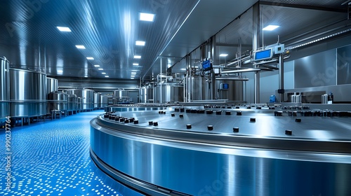 A stainless steel tank in a food processing plant with hygienic design features