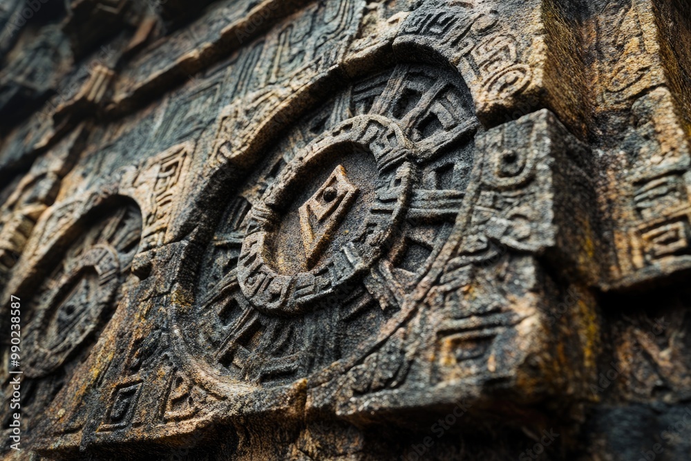 Obraz premium Carved stone texture with ancient symbols and deep engravings, worn by time